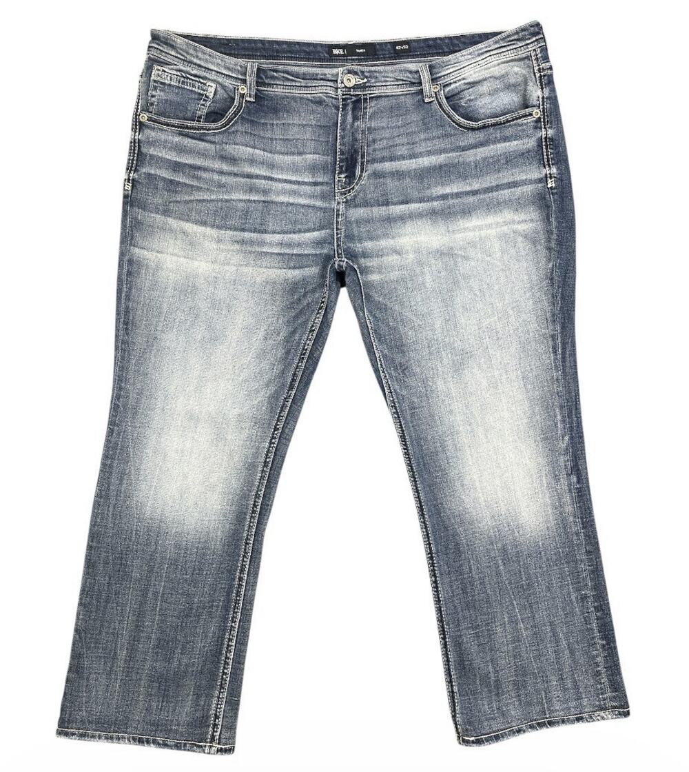 BKE Derek Men’s Jeans 42x27 Hemmed Medium Wash Distressed Bootcut Denim